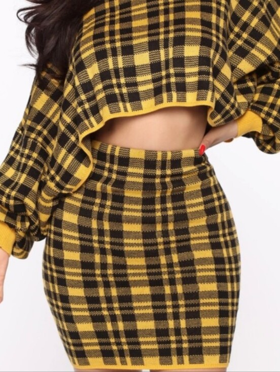 Fashion Nova Dresses & Skirts - Fashion Nova Mustard Yellow & Black Plaid Knit Cropped Crew and Skirt Set